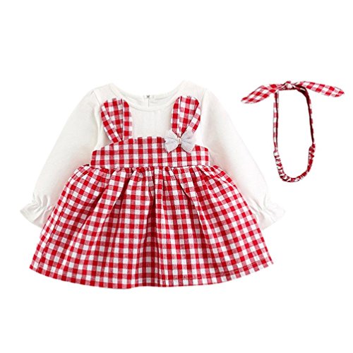 BBsmile Ropa Bebe Niña Otoño Invierno Niño pequeño Manga Larga a Cuadros de niña Vestido de Princesa Conejo + Diadema Conjunto de Trajes