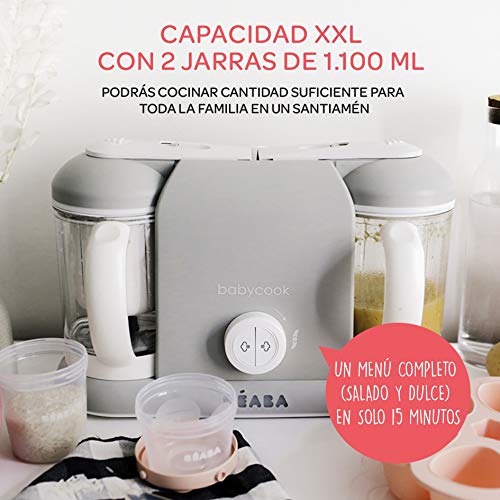 BÉABA - Babycook Duo - Robot de cocina para bebés 4 en 1, Cocción rápida al vapor 15 min, Capacidad XXL 2200 ml, Gris