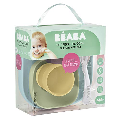 BÉABA Juego de vajilla de silicona Plato y bol con ventosa, vaso y cuchara, para bebés y niños, 4 piezas