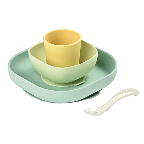 BÉABA Juego de vajilla de silicona Plato y bol con ventosa, vaso y cuchara, para bebés y niños, 4 piezas