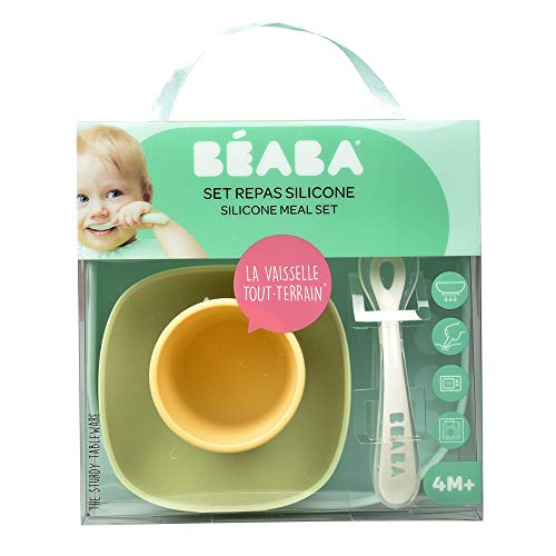 BÉABA Juego de vajilla de silicona Plato y bol con ventosa, vaso y cuchara, para bebés y niños, 4 piezas