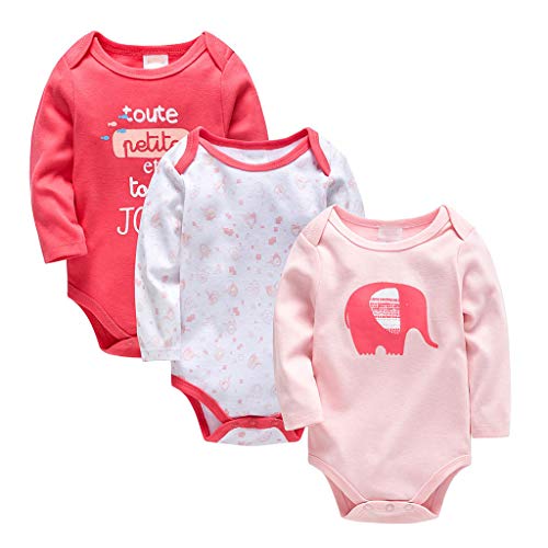 Bebé Body Pack de 3 - Mono Niños Mameluco Manga Larga para Niñas Pijama Trajes de Invierno Algodón Recién Nacido Pelele Ropa Elefante Rosado 0-3 Meses