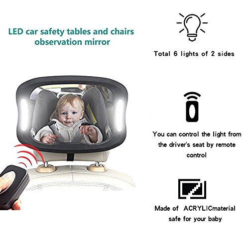 Bebé Coche Espejo,Espejo Retrovisor Coche Bebe Luz LED con Mando Distancia para Vigilar al Bebé en el Coche Los Asientos de Niños Orientados Hacia Atrás 100% Inastillable 360° Ajustable Bebé Espejo