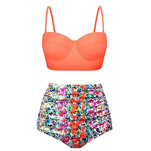 Bikini Mujer Push Up 2019 Bikinis de Cintura Alta Sexy Traje de Baño de Dos Piezas Retro de Playa Bohemia Acolchado Bañador vikinis brasileño Conjunto Tallas Grandes Biquini Ropa (Naranja, L)