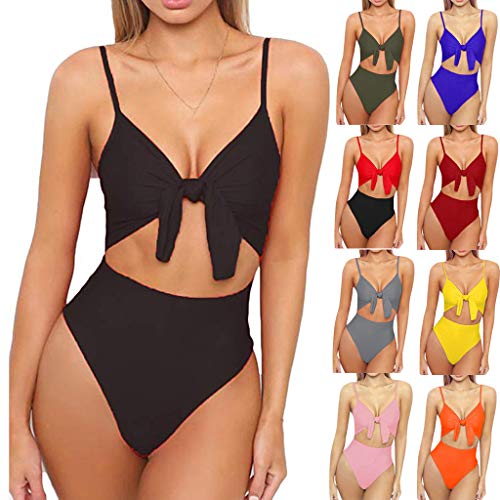 Bikinis Mujer 2019 SHOBDW Color Sólido Conjunto de Bikini Push Up Traje de Baño Mujer Una Pieza Talle Alto Tanga Mujer Nudo de Corbata Acolchado Bra Bañadores de Mujer Sexy(Vino,L)