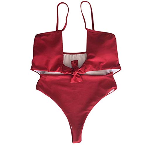 Bikinis Mujer 2019 SHOBDW Color Sólido Conjunto de Bikini Push Up Traje de Baño Mujer Una Pieza Talle Alto Tanga Mujer Nudo de Corbata Acolchado Bra Bañadores de Mujer Sexy(Vino,L)