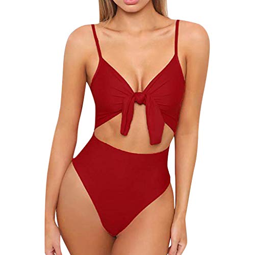 Bikinis Mujer 2019 SHOBDW Color Sólido Conjunto de Bikini Push Up Traje de Baño Mujer Una Pieza Talle Alto Tanga Mujer Nudo de Corbata Acolchado Bra Bañadores de Mujer Sexy(Vino,L)