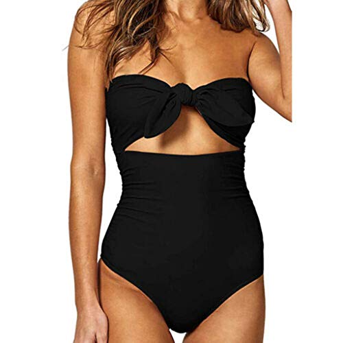 Bikinis Mujer 2019 SHOBDW Traje de Baño Mujer Una Pieza Vintage Bañadores de Mujer Sin Tirantes Push Up Bikinis Monokini Solid Arco Vendaje Bañador Espalda Descubierta(Negro,XXL)