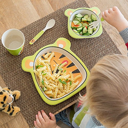 BIOZOYG Set vajilla Infantil de bambú sin bpa 5 Piezas I Motivo Tigre I Servicio de Mesa cubertería para niños Tazón Vaso de Beber Plato para niños I Reciclaje de Material Natural