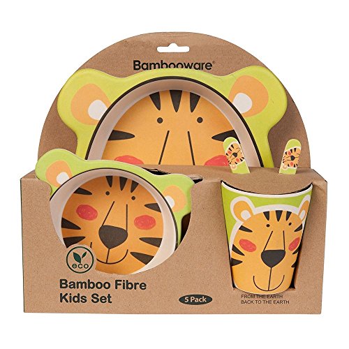 BIOZOYG Set vajilla Infantil de bambú sin bpa 5 Piezas I Motivo Tigre I Servicio de Mesa cubertería para niños Tazón Vaso de Beber Plato para niños I Reciclaje de Material Natural