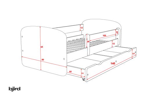 Bjird Cama Infantil 140x70 Cama para Niños Blanca con Barrera de protección contra caídas. Colchón Incluido, cajones extraíbles y Base de Listones para niñas y niños - 70 x 140 cm Coche de Carreras