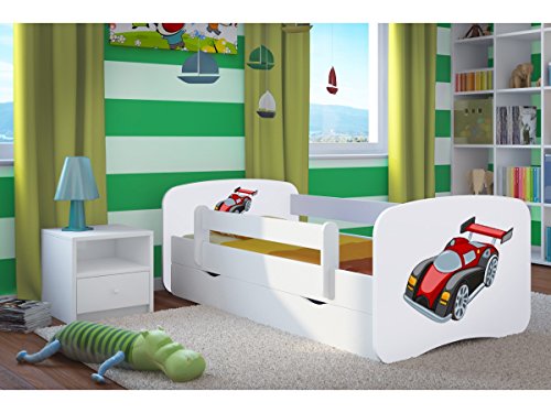 Bjird Cama Infantil 140x70 Cama para Niños Blanca con Barrera de protección contra caídas. Colchón Incluido, cajones extraíbles y Base de Listones para niñas y niños - 70 x 140 cm Coche de Carreras