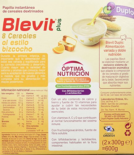 Blevit Plus Duplo 8 Cereales Al Estilo Bizcocho - Paquete de 2 x 300 gr - Total: 600 gr