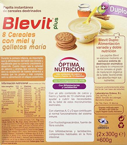 Blevit Plus Duplo 8 Cereales con Miel y Galletas Maria - Paquete de 2 x 300 gr - Total: 600 gr