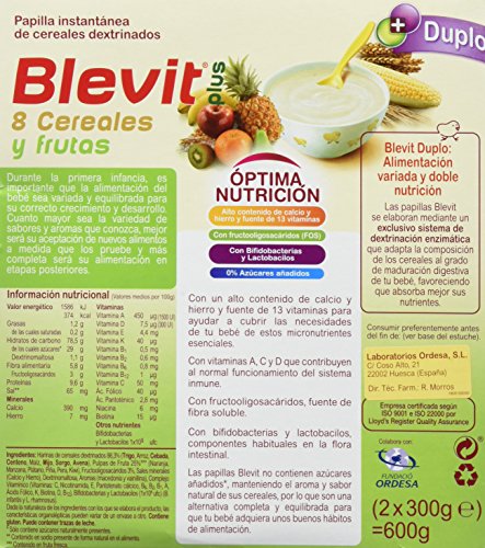 Blevit Plus Duplo 8 Cereales y Frutas - Paquete de 2 x 300 gr - Total: 600 gr