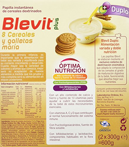 Blevit Plus Duplo 8 Cereales y Galletas María - Paquete de 2 x 300 gr - Total: 600 gr