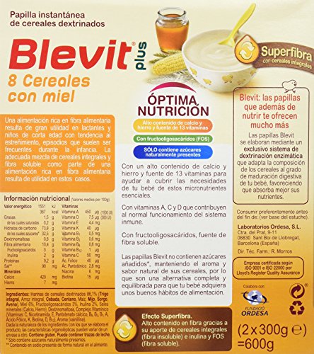 Blevit Plus Superfibra 8 Cereales con Miel - Paquete de 2 x 300 gr - Total: 600 gr