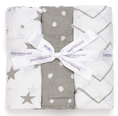 Bloomsbury Mill - Mantas de muselina de alta calidad – 100% Algodón Puro Estampado de Estrellas, Espiga y Lunares - Gris y Blanco - 120 cm x 120 cm - Juego de 3