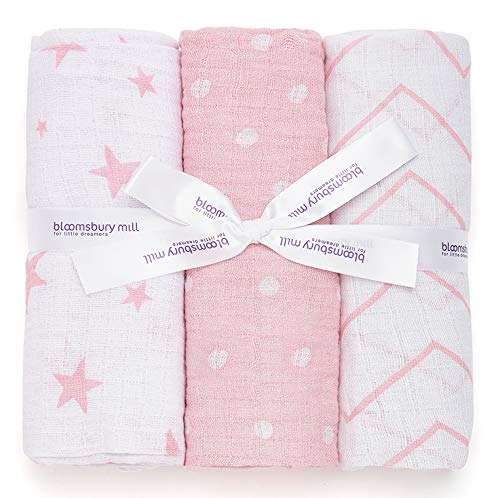 Bloomsbury Mill - Mantas de muselina de alta calidad – 100% Algodón Puro Estampado de Estrellas, Espiga y Lunares - Rosa y Blanco - 120 cm x 120 cm - Juego de 3