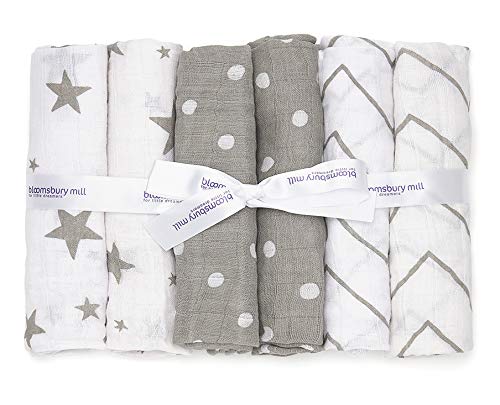 Bloomsbury Mill - Muselinas de Alta Calidad - 100 % Algodón Puro - Estampado de Estrellas, Espiga y Lunares – Gris y Blanco - Juego de 6 - 70 x 70cm