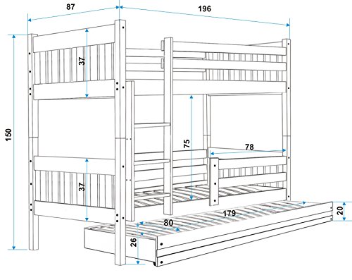 BMS Group LITERA Infantil Triple (3 Camas) 190x80, CARINO, colchones incluidos! (Blanco)