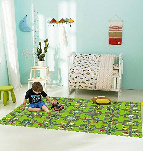 BodenMax CRS-FL3010MAP-18 Alfombrilla Puzzle protectora de espuma para niños y bebés con diseño de rompecabezas en forma de circuito urbano con 18 piezas de 30x30x1 cm