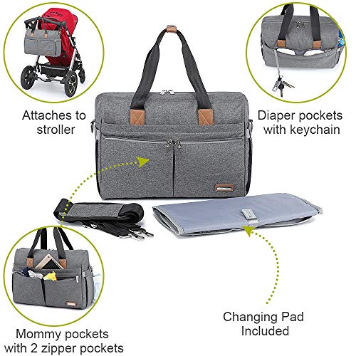 Bolsa Maternal de Pañales RUVALINO, Gran Bolso de Viaje, para el Carrito del Bebé, Elegante para Mamá y Papá, Cambiador de Bebé Convertible para Niños y Niñas con Bolsillos Independientes (gris)