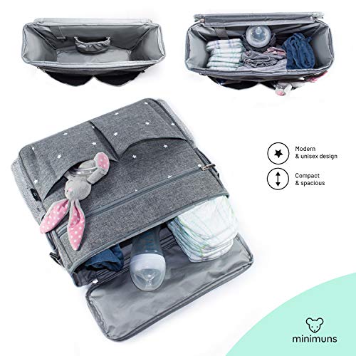 Bolso cambiador para carrito de bebé. Organizador con interior térmico, ganchos y correa universal. Compacto y moderno. Gris/estrellas.