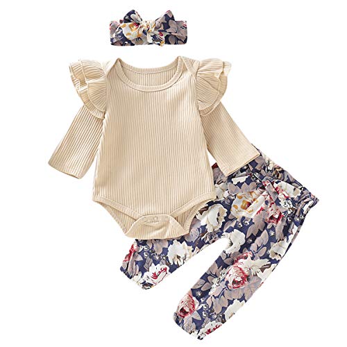 Borlai - Juego de 3 piezas para bebé, diseño floral, color puro, pantalones florales y diademas para niñas, de manga larga, 0-18 m Color albaricoque. 0-3 Meses