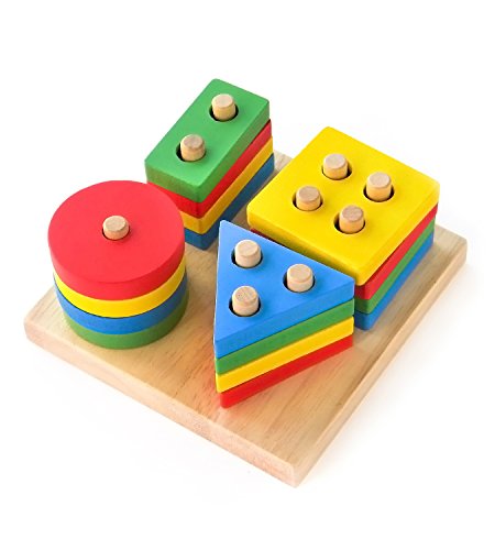 Boxiki Kids Juguetes Apilables de Madera y Tablero para Apilar Figuras| Juego de Figuras Geométricas Apilables | Non-Tóxico Juguete de Madera | Juguetes Educativos