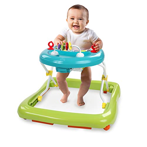 Bright Starts, Andador y Centro de actividades Giggling Safari con 3 alturas regulables, asiento acolchado, patas de goma antideslizantes