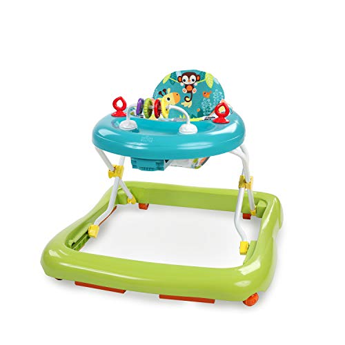 Bright Starts, Andador y Centro de actividades Giggling Safari con 3 alturas regulables, asiento acolchado, patas de goma antideslizantes