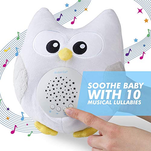 Bubzi Co Búho quitamiedos Relajante y Luz de Noche y Emisor de Sonido Relajante – Peluche bebé con Ruido Blanco y Proyector de Estrellas LED y 10 Canciones de Cuna bebé