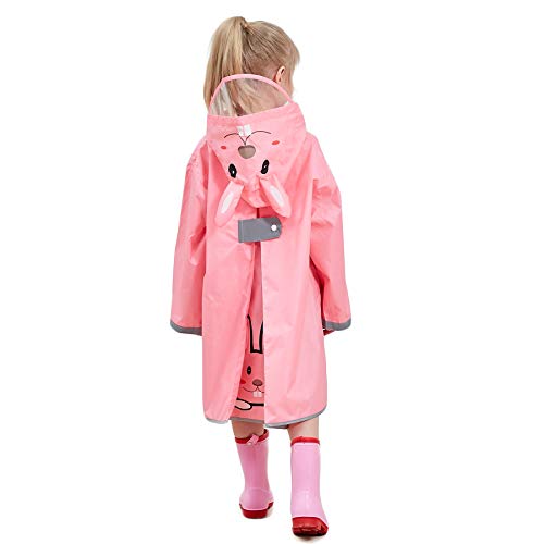 Bwiv Poncho Lluvia Niños Impermeable Niñas Capa de Lluvia con Capucha con Seguridad Advertencia Reflectantes para Escuela Viaje Rosa Talla M