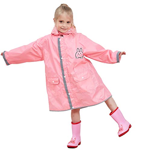 Bwiv Poncho Lluvia Niños Impermeable Niñas Capa de Lluvia con Capucha con Seguridad Advertencia Reflectantes para Escuela Viaje Rosa Talla M