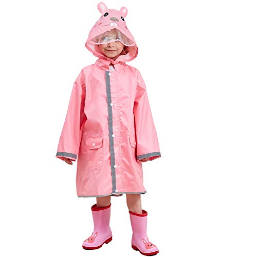 Bwiv Poncho Lluvia Niños Impermeable Niñas Capa de Lluvia con Capucha con Seguridad Advertencia Reflectantes para Escuela Viaje Rosa Talla M