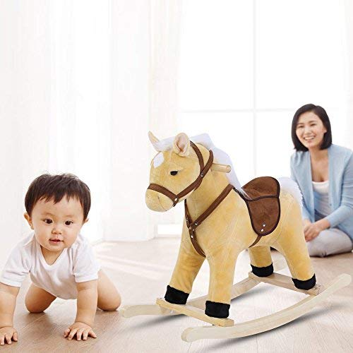 Caballito Balancín Caballo Balancín de Juguete Balancin Peluche Infantil Caballito Balancin para Bebé, con Base de Madera Maciza(Beige)