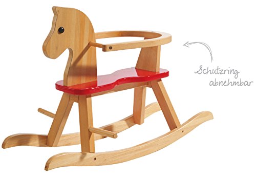 Caballo de balancín roba, juguete balancin acabado en madera maciza natural y laca roja, caballo balancin para niños pequeños con anillo protector desmontable.