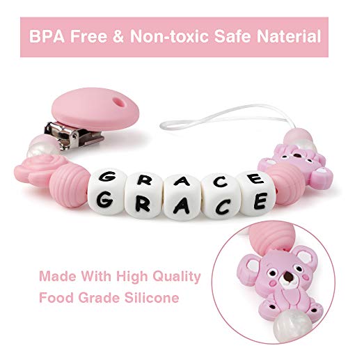 Cadena Chupetes Personalizado con Nombre Koala Mordedor Bebes Cuentas Silicona Clips de Chupete Soothie Clip Sin BPA (Rosado)