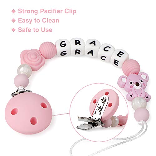 Cadena Chupetes Personalizado con Nombre Koala Mordedor Bebes Cuentas Silicona Clips de Chupete Soothie Clip Sin BPA (Rosado)