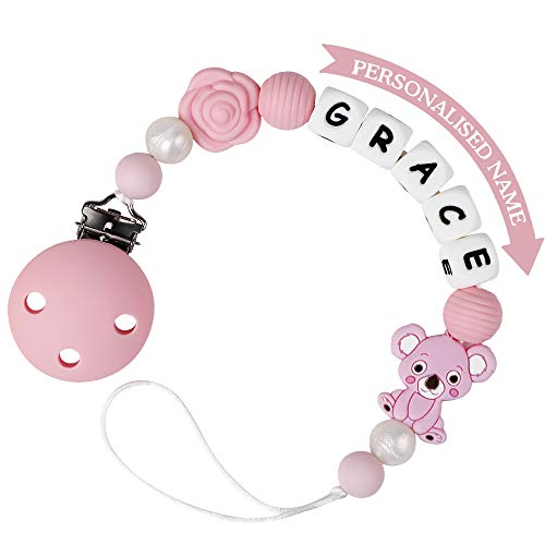 Cadena Chupetes Personalizado con Nombre Koala Mordedor Bebes Cuentas Silicona Clips de Chupete Soothie Clip Sin BPA (Rosado)