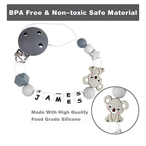 Cadena Chupetes Personalizado Koala Mapache Mordedor Bebes Nombre Cuentas Silicona Sin BPA Rosa Regalo de Ducha (Koala Gris)