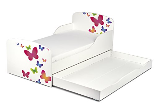 Cama Infantil de Madera 140/70 Cama Para Niños Marco de Cama Colchón y Cajón Cómodo Alta Validad Vuarto de Niños Muebles Para Niños Dormitorio Impresa Mariposas