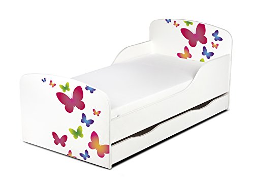 Cama Infantil de Madera 140/70 Cama Para Niños Marco de Cama Colchón y Cajón Cómodo Alta Validad Vuarto de Niños Muebles Para Niños Dormitorio Impresa Mariposas