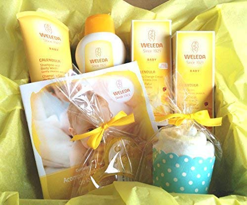 Canastilla Ecológica"Bienvenido Bebé" | Set de 4 Productos WELEDA + Mordedor Refrigerante (o chupete Suavinex) + cupcake (= Pañal Dodot 3-6 kg) | Versión UNISEX, ideal para Él y para Ella!