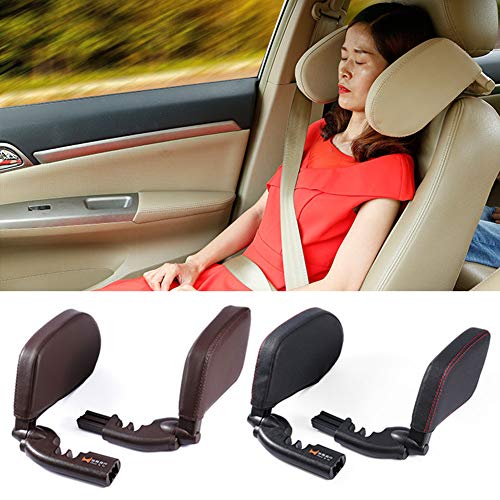 Car Seat Neck Headrest Pillow Adjustable Travel Headrest PU Leather Car Safety Seat Pillow Cushion(Black+Black Line)