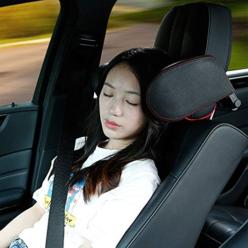 Car Seat Neck Headrest Pillow Adjustable Travel Headrest PU Leather Car Safety Seat Pillow Cushion(Black+Black Line)