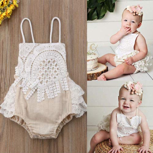 Carolilly Mono Bebé Niña Vestido Tirantes Verano sin Manga Recién Nacido Body de Algodón con Encaje (0 a 24 Meses)