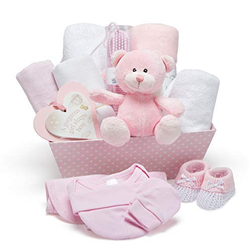 Cesta Regalo Bebé Niña Color Rosa - Con Manta de Forro Polar, Toalla con Capucha, Ropa Bebé, 2 Muselinas Bebé y Osito de Peluche