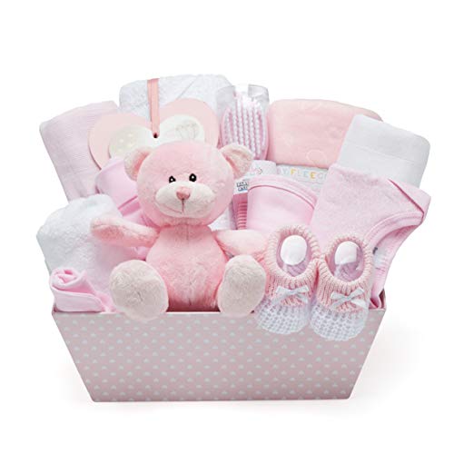 Cesta Regalo Bebé Niña Color Rosa - Con Manta de Forro Polar, Toalla con Capucha, Ropa Bebé, 2 Muselinas Bebé y Osito de Peluche